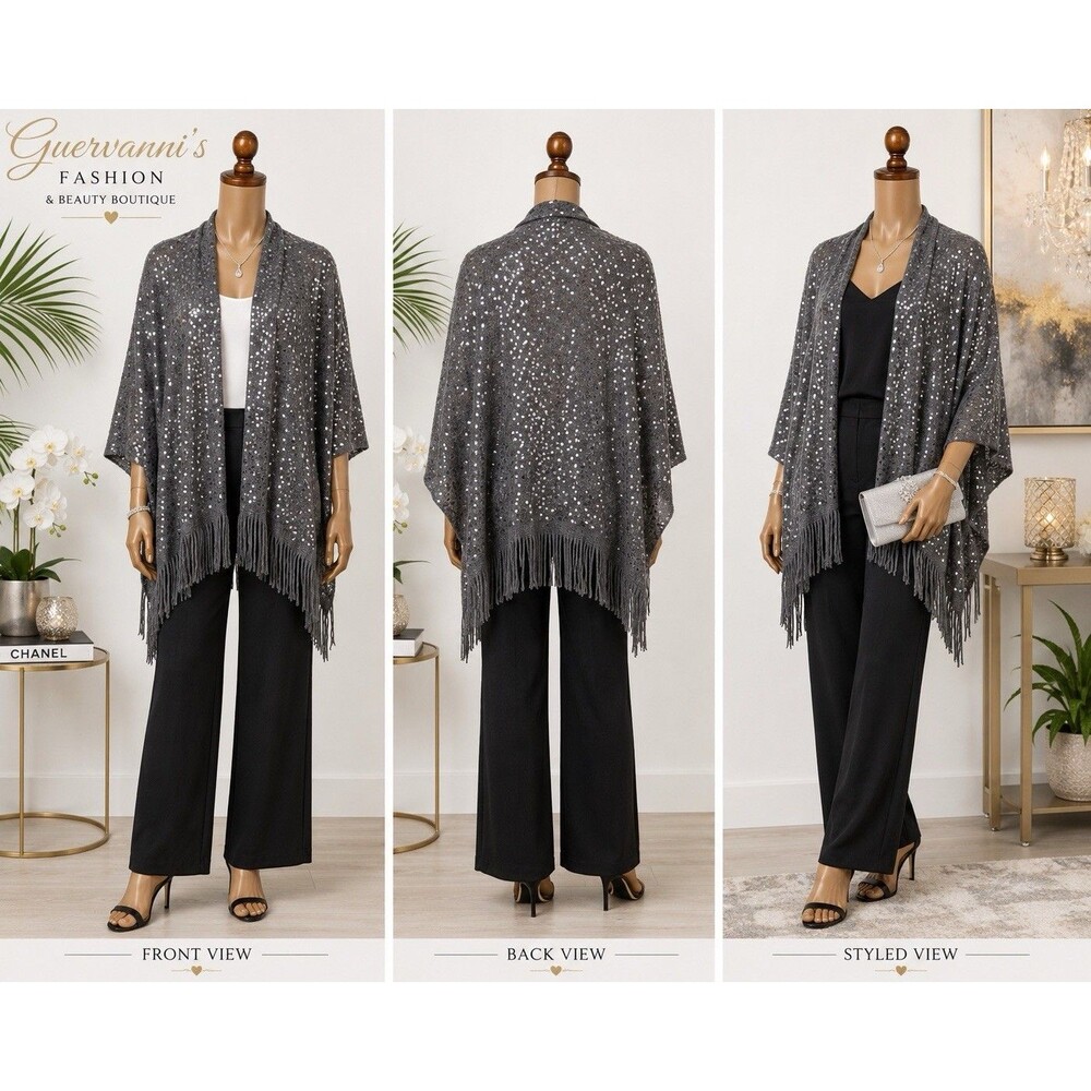 Iman Gray Sequins Fringe Fringed Open Front Poncho Shawl Wrap One Size Cover